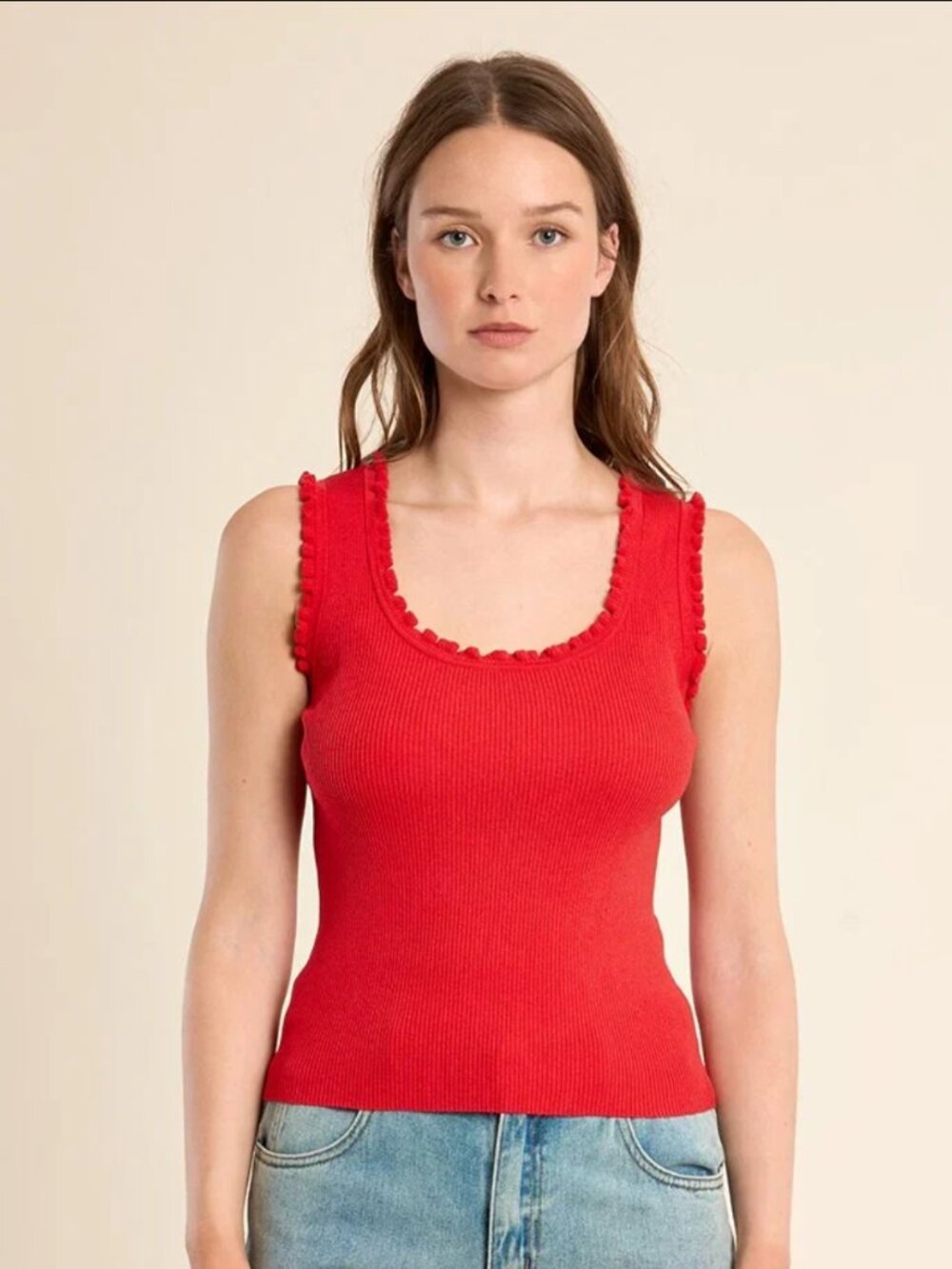 Molly Bracken Red Ruffle-Trim Fine-Ribbed Tank Top NWT's